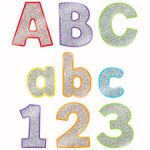 Letras, números y símbolos para rotular. Brillo plateado con borde colores (CD130084)