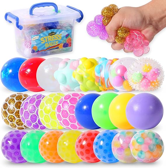 Paquete de 24 bolas antiestrés, minibolas antiestrés para niños y adultos, varios estilos de bolas antiestrés para relajación y concentración, alivio del estrés y la ansiedad, juguetes para apretar para autismo y TDA/TDAH
