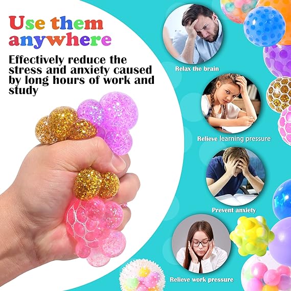 Paquete de 24 bolas antiestrés, minibolas antiestrés para niños y adultos, varios estilos de bolas antiestrés para relajación y concentración, alivio del estrés y la ansiedad, juguetes para apretar para autismo y TDA/TDAH - Image 5